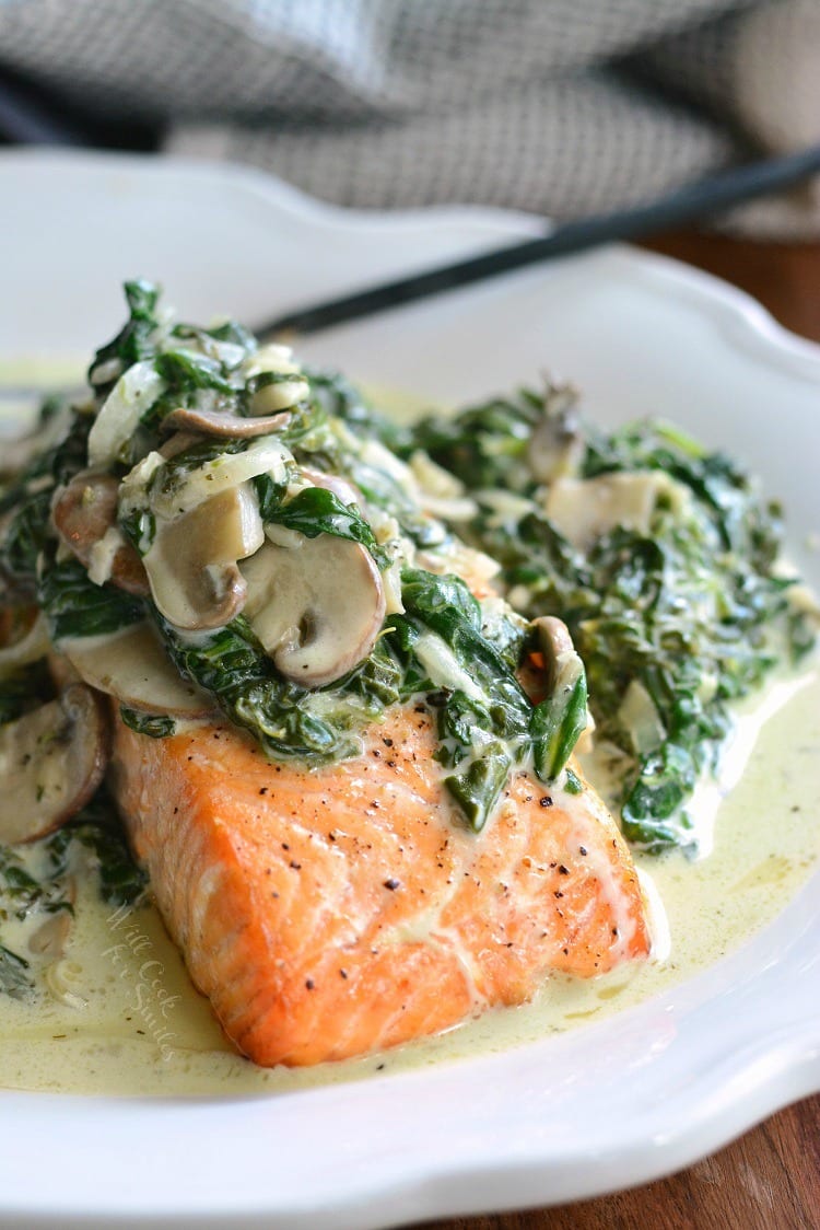 Salmon Florentine. This delicious, easy dinner is made with juicy, tender, baked salmon and topped with creamy spinach and mushrooms.