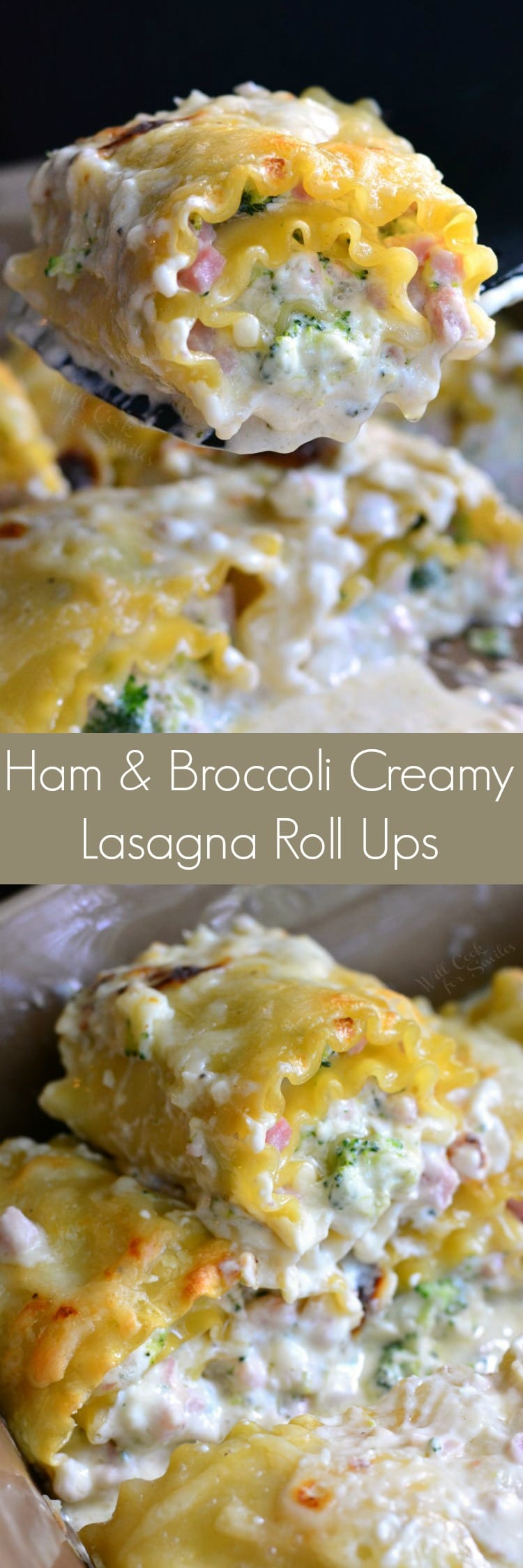 Ham and Broccoli Creamy Lasagna Roll Ups. They are made with a creamy, cheesy mixture, packed with ham and broccoli, and topped with a cheesy cream sauce.