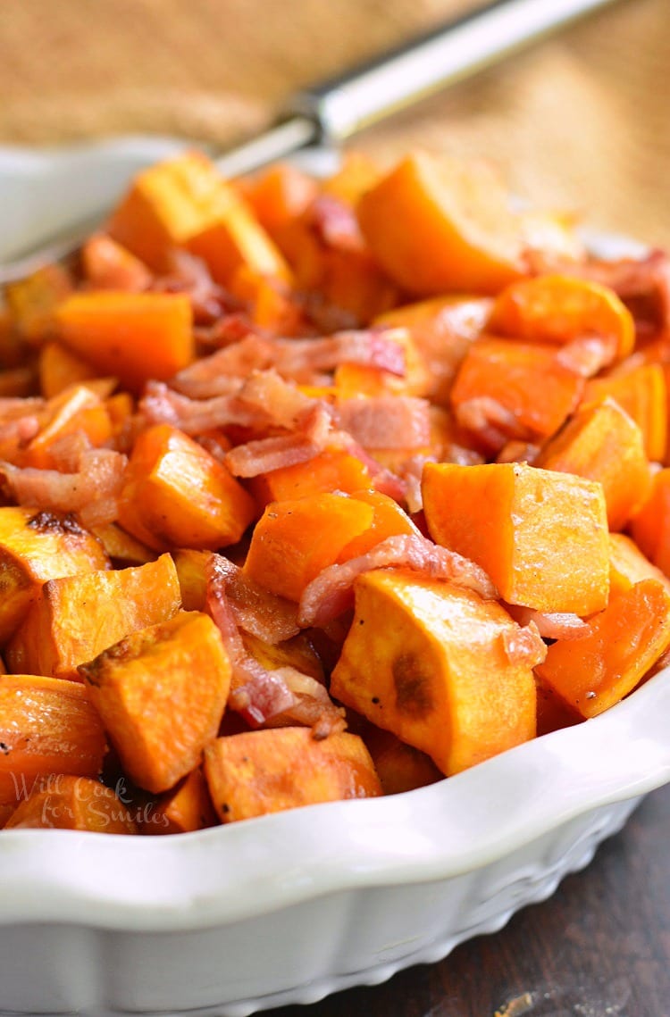 Maple Bacon Roasted Sweet Potatoes - Will Cook For Smiles