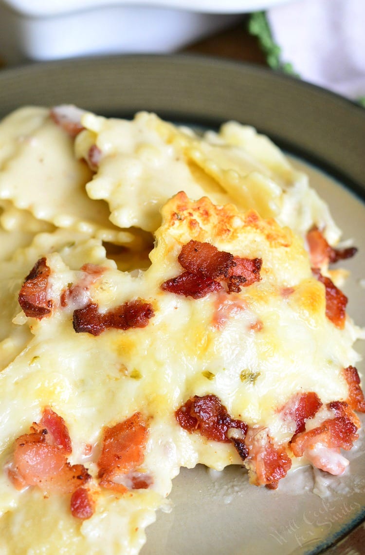 Baked Ravioli Mac and Cheese with Bacon on a plate 