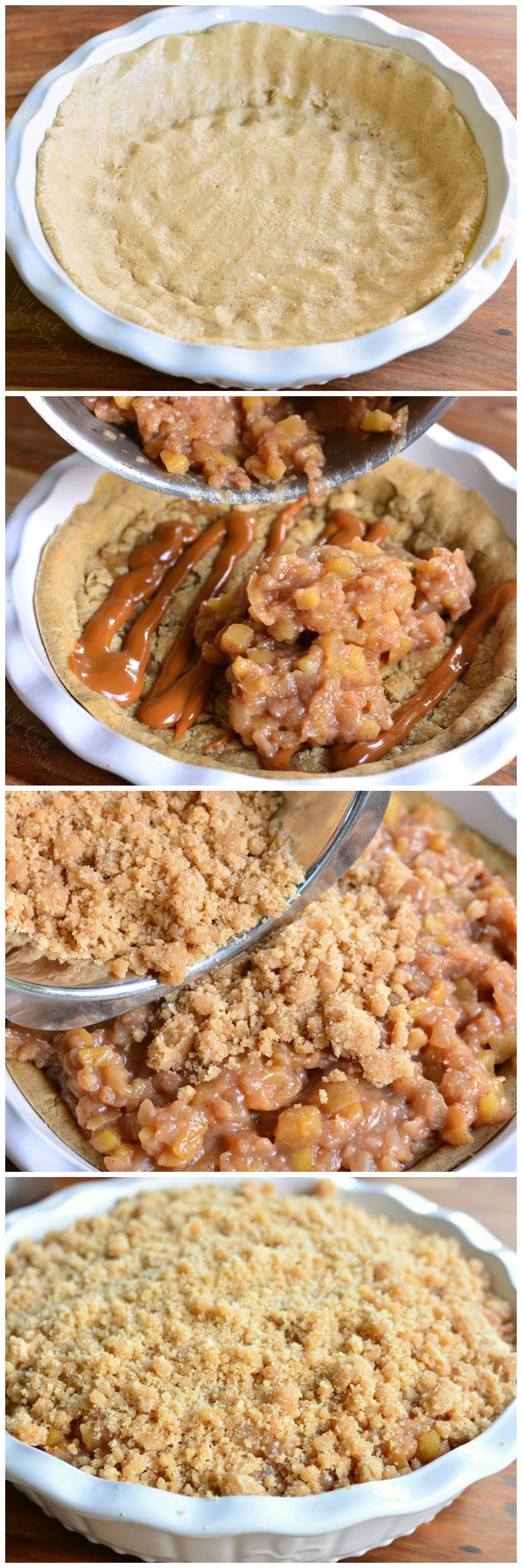 collage picture first picture of shell, 2nd is putting the apple in the pie crust, 2nd is putting the topping on the pie, 3rd is the pie in the pie pan