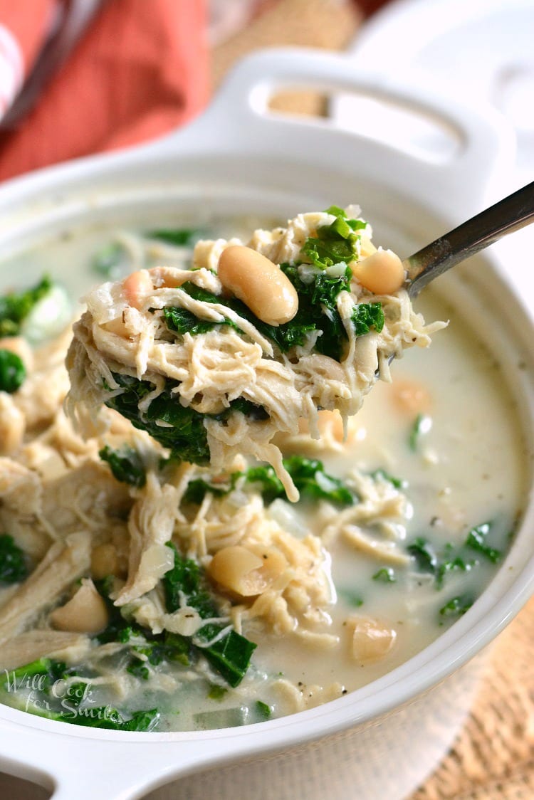 Creamy Chicken and Bean Soup in a bowl with a spoon 