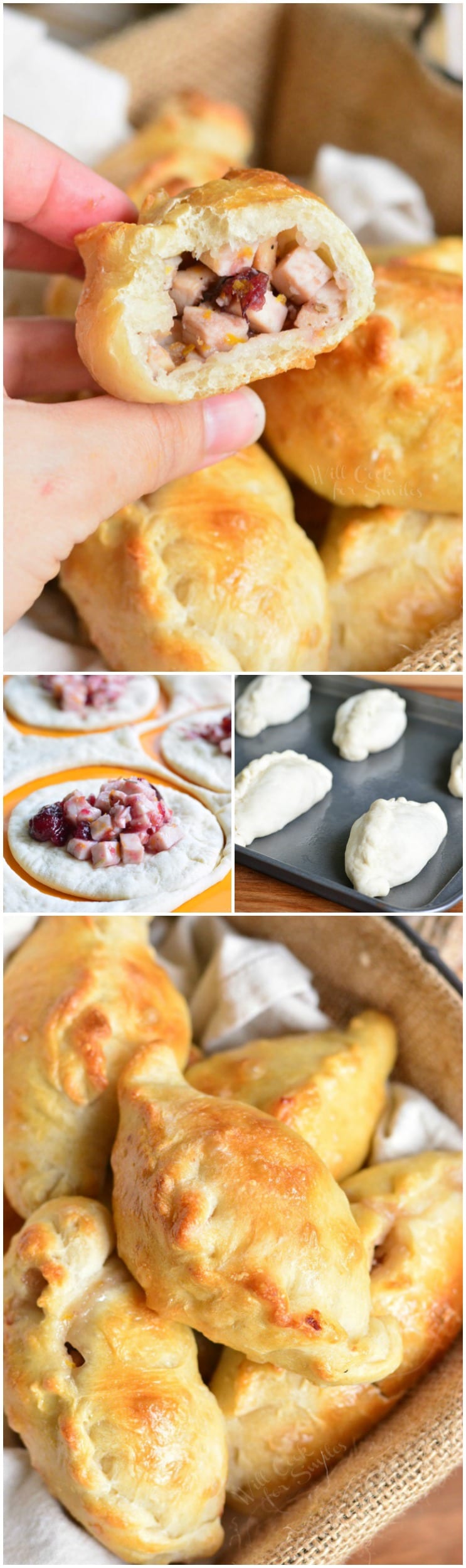 Turkey Cranberry Baked Piroshki collage, first picture is me holding a piroshki in my hand, second is putting the cranberry and turkey on the dough, third is pitoshki in a basket