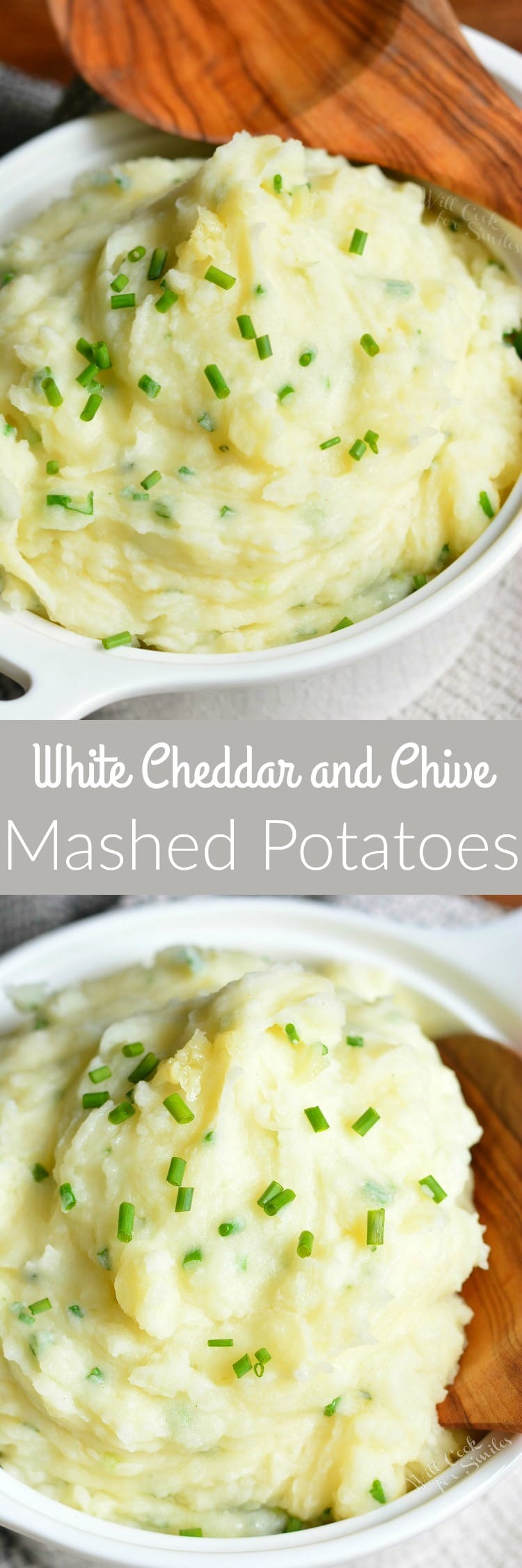 collage top and bottom photo White Cheddar and Chive Creamy Mashed Potatoes in a serving bowl 