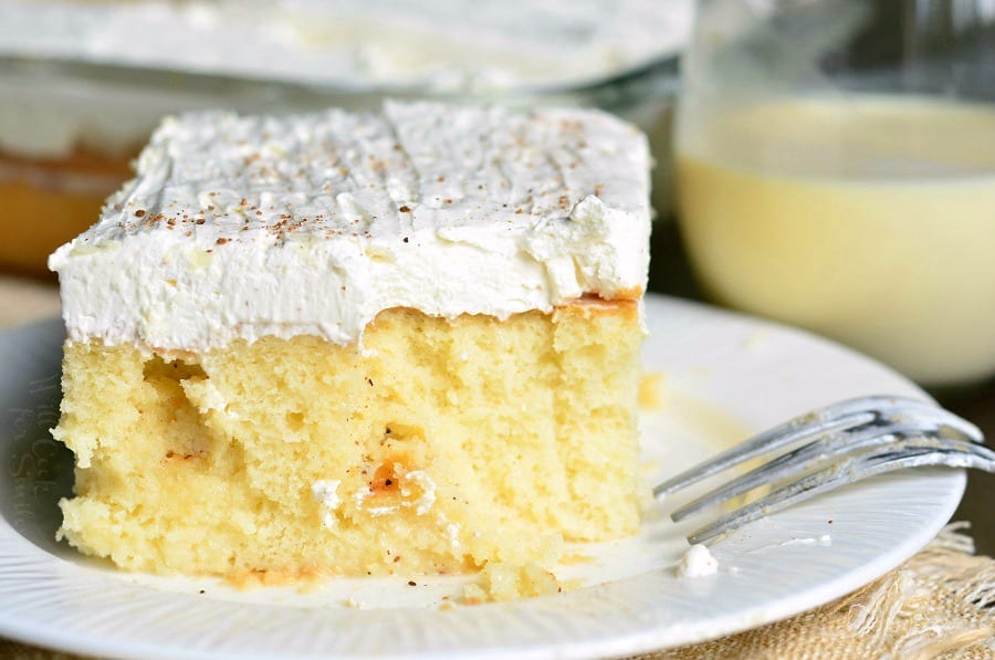 Eggnog Poke Cake on a plate with a fork 