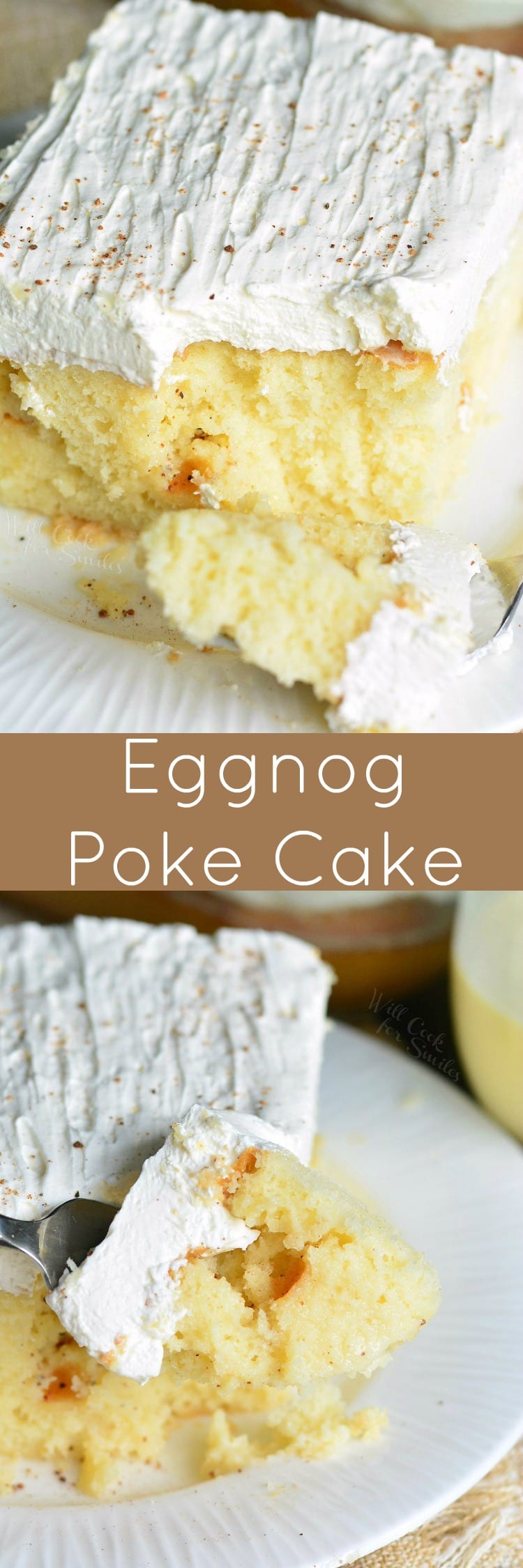 Eggnog Poke Cake on a plate collage