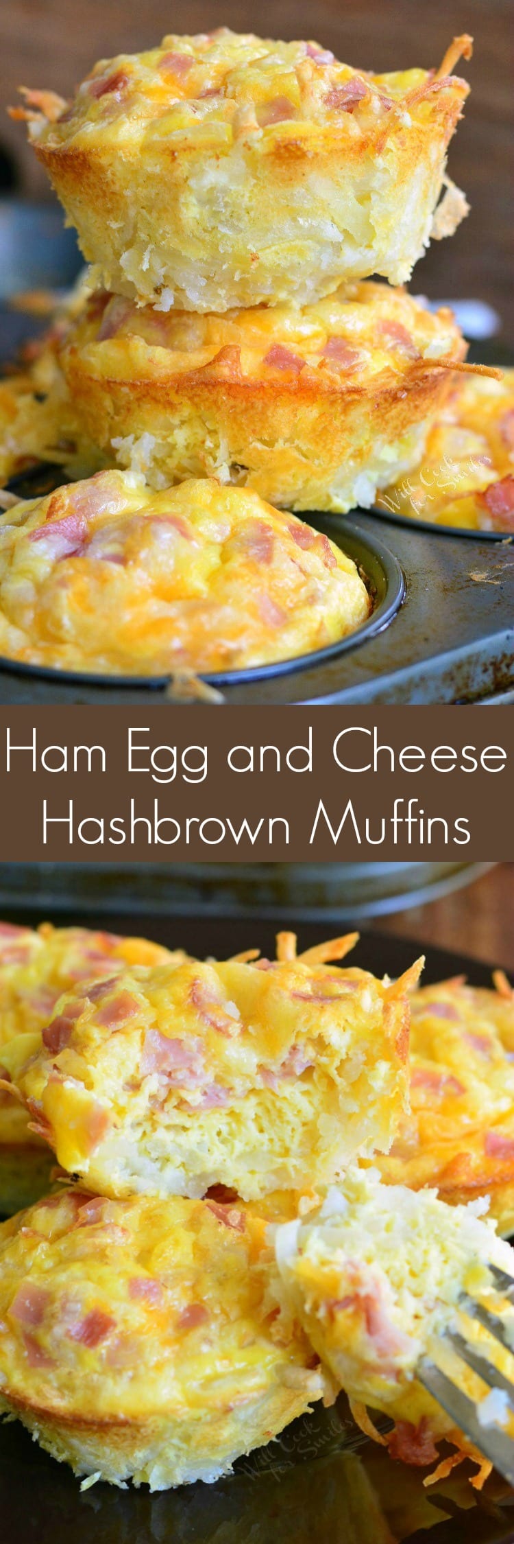 Ham Egg and Cheese Hash Brown Breakfast Muffins stacked on a muffin pan collage 