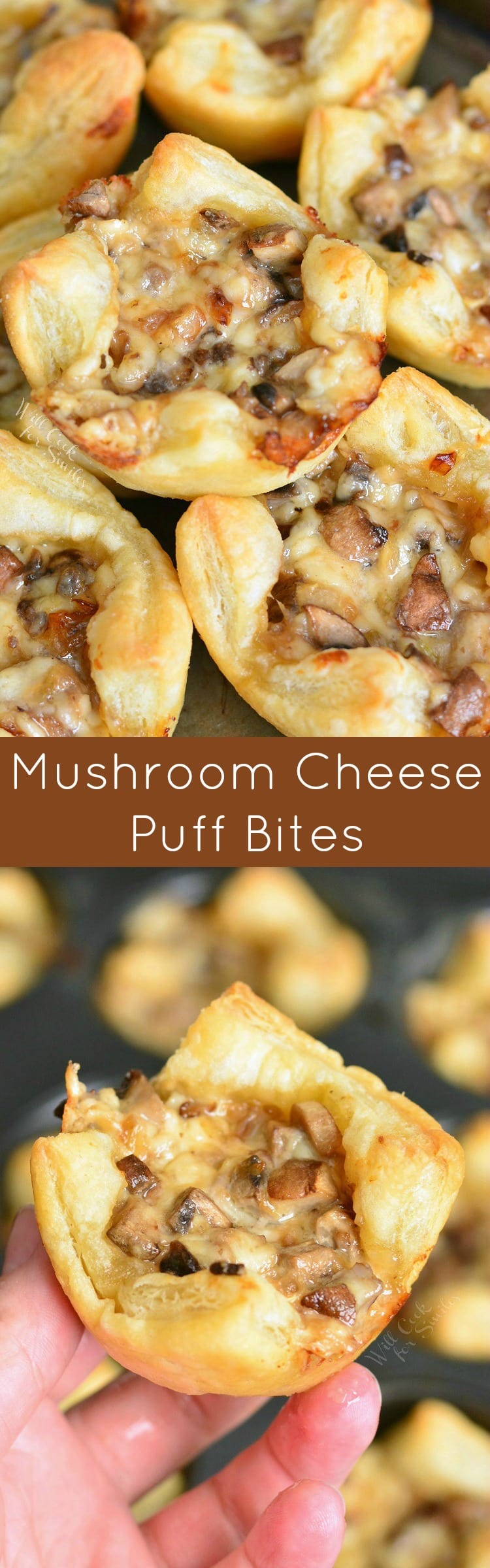 Mushroom Cheese Puff Bites stacked on a baking sheet in a collage 