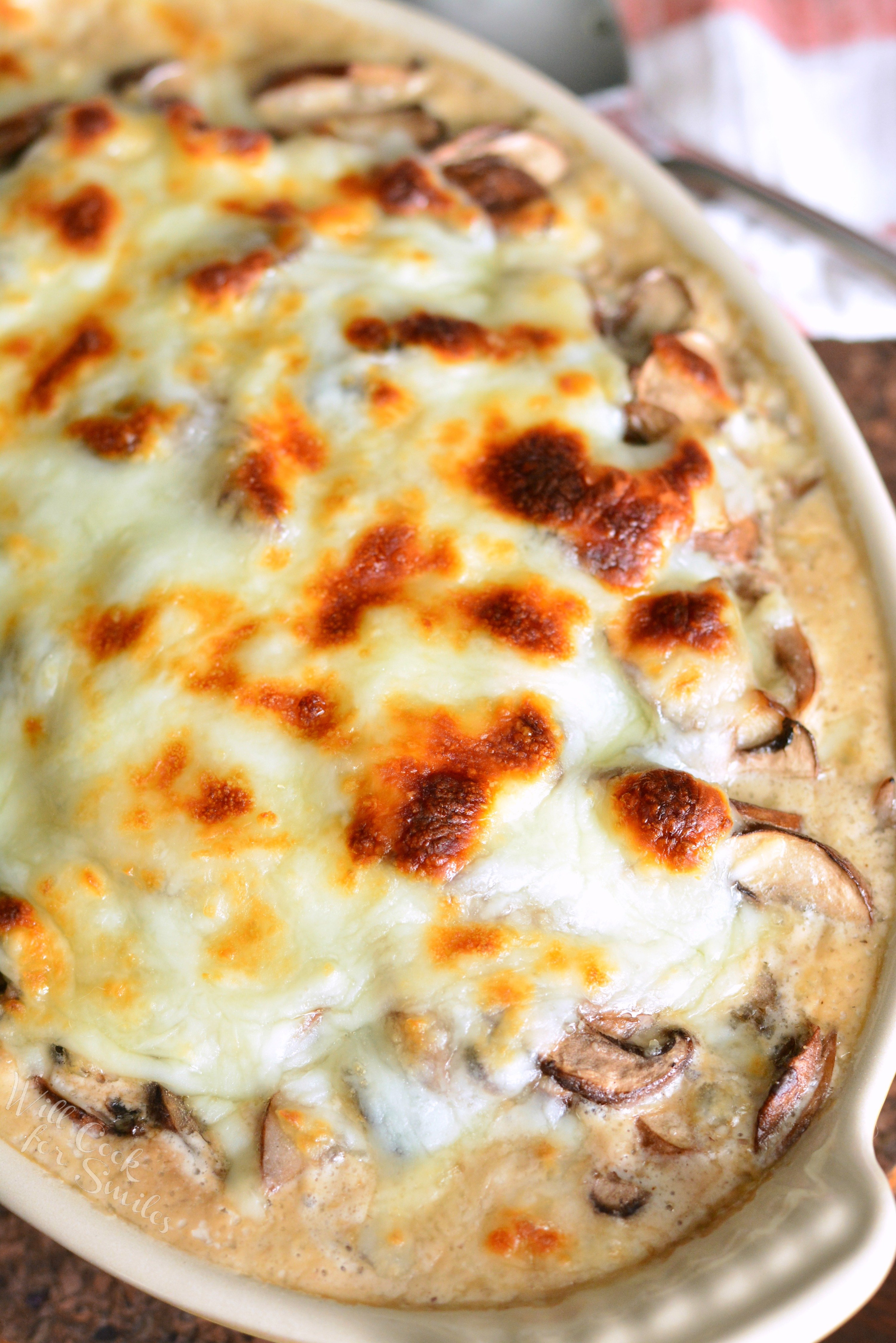 Creamy Russian Mushroom Julienne in casserole dish 