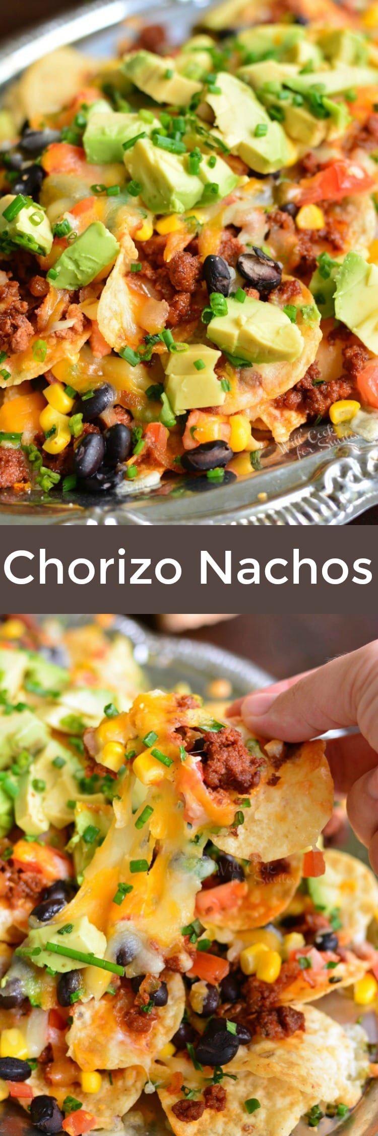 Chorizo Nachos! These baked Chorizo Nachos are made with spicy chorizo sausage and a combination of corn, beans, jalapenos and tomatoes. #chorizonachos #chorizorecipe #nachos