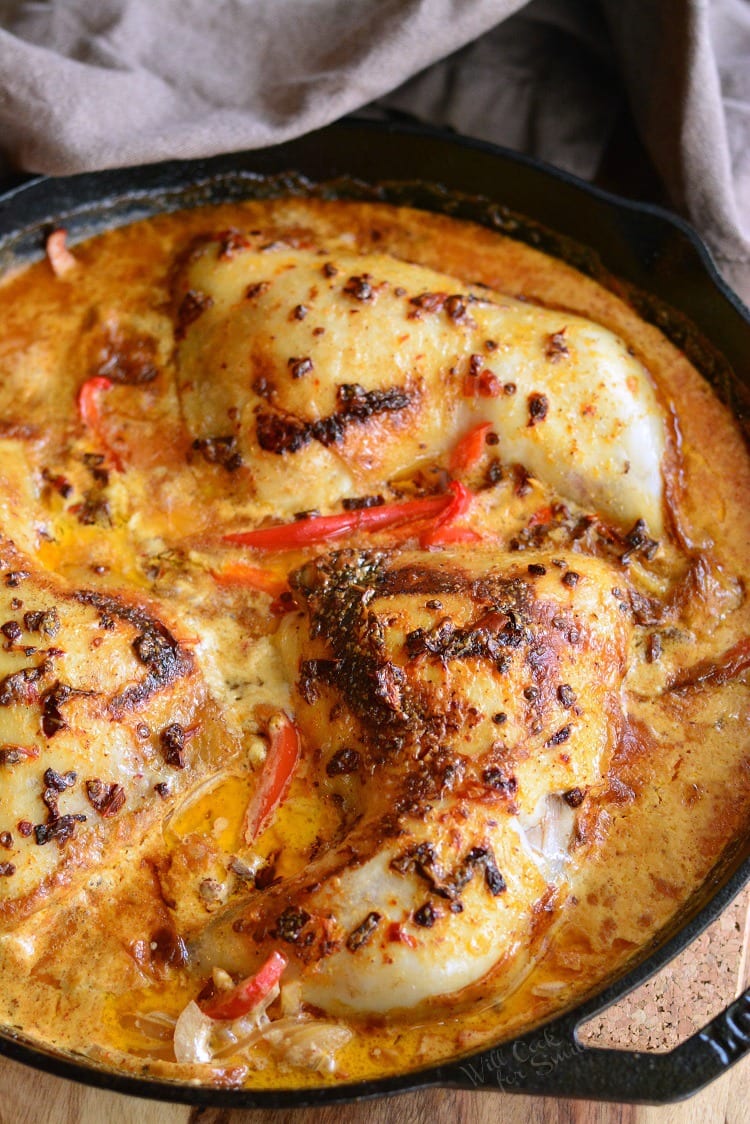 Creamy Chipotle Pepper Chicken Thighs in a pan 