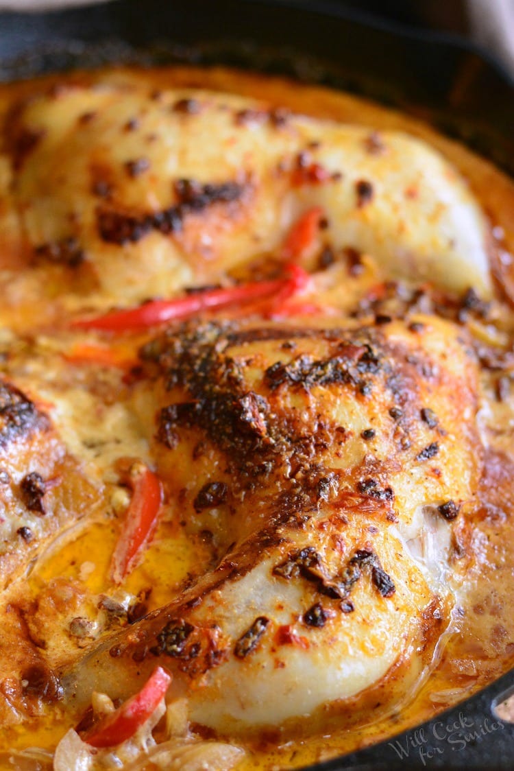 Creamy Chipotle Pepper Chicken Thighs in a pan 