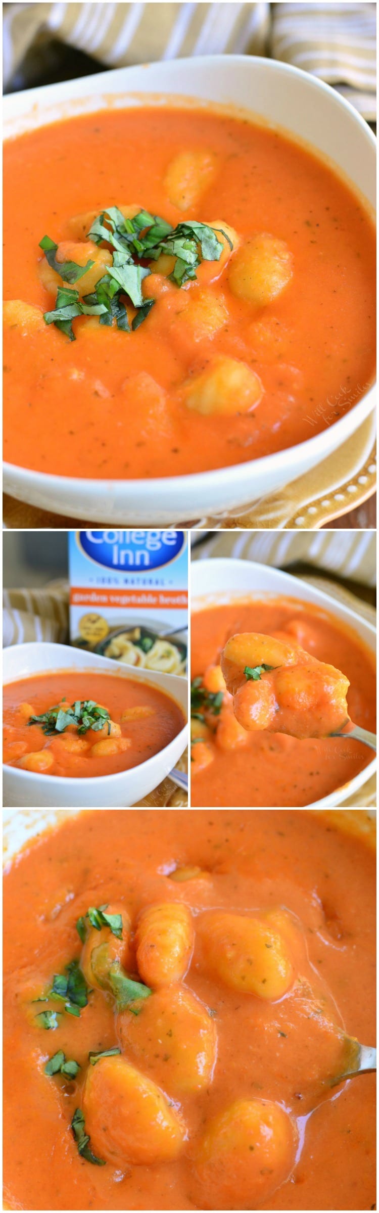 Homemade Tomato Soup with Gnocchi in a bowl collage