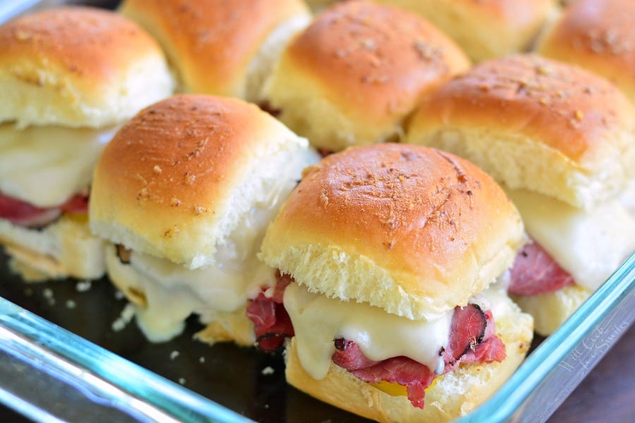 Hot Pastrami Sliders In a baking dish 