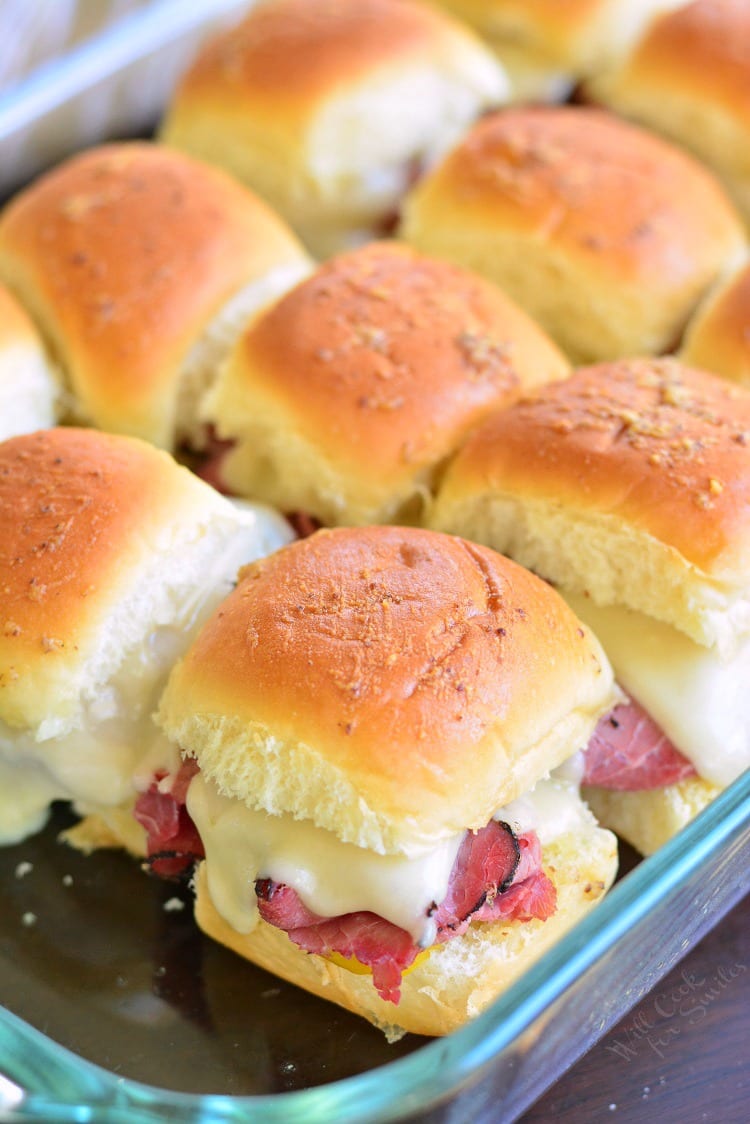 Hot Pastrami Slider in a baking dish 