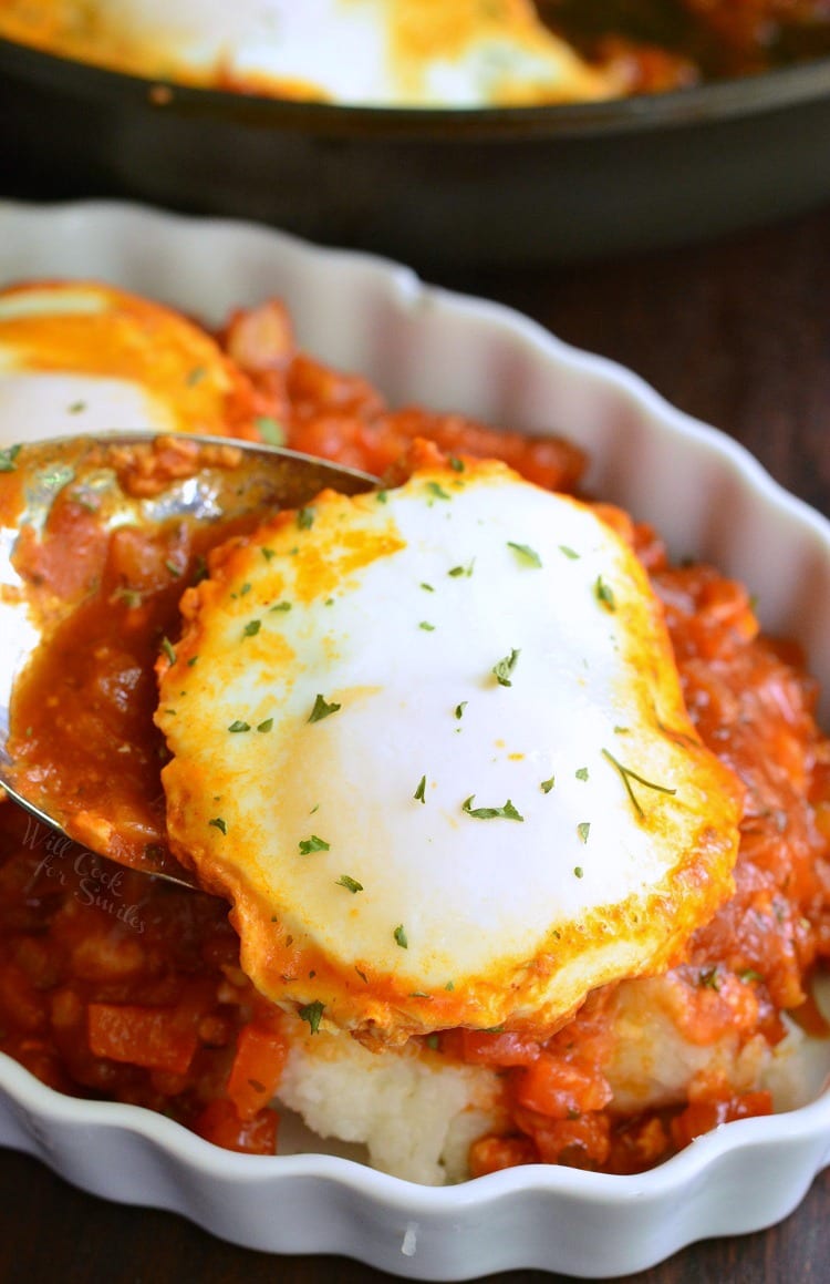 Shakshuka with Parmesan Polenta in a bowl