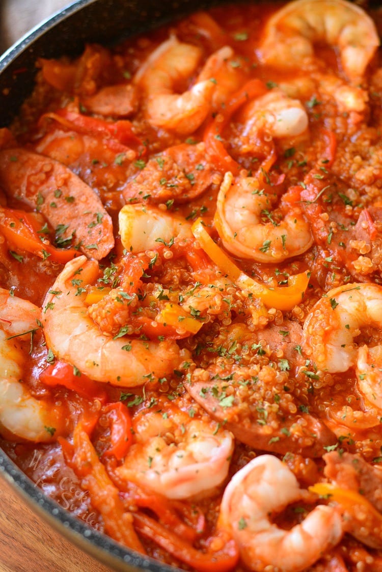 Smoked Sausage and Shrimp Jambalaya with Quinoa in a pan 