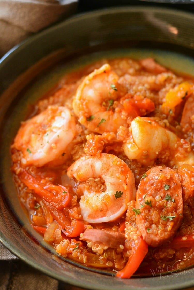 Smoked Sausage and Shrimp Jambalaya with Quinoa in a pan 