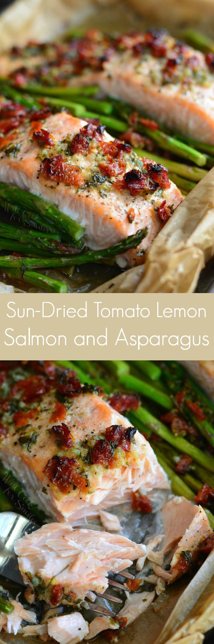 Sun Dried Tomato Lemon Baked Salmon and Asparagus in parchment paper on a baking sheet collage 