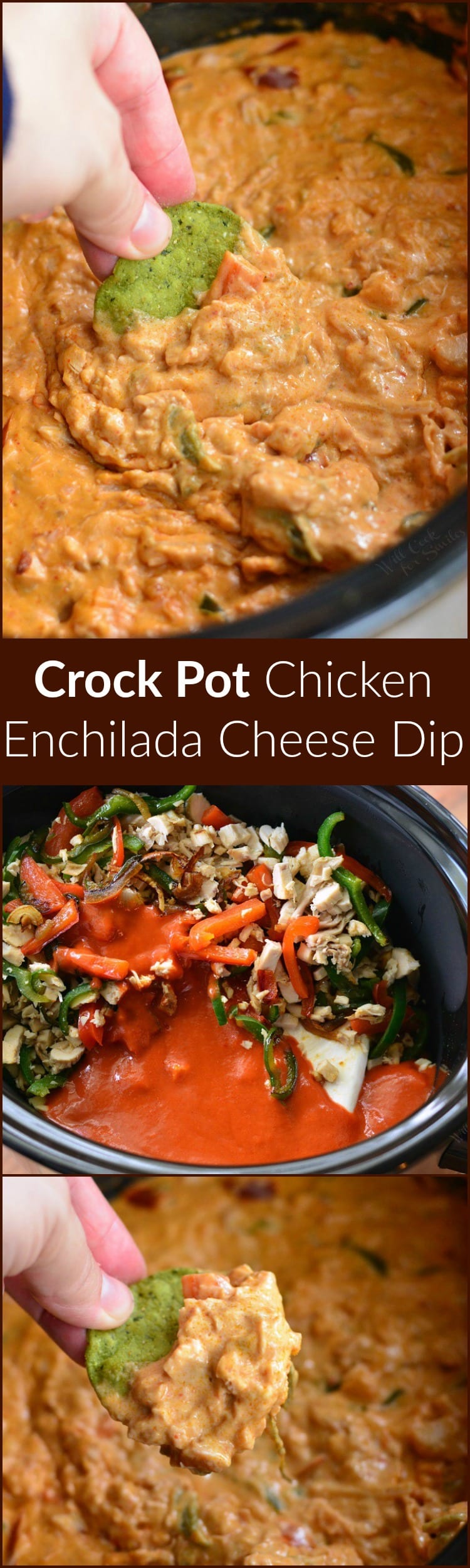 Slow Cooker Chicken Enchilada Cheese Dip. The BEST dip you will ever try, easily made in a slow cooker with juicy rotisserie chicken, enchilada sauce, and a tasty mixture of sauteed veggies. #slowcookerdip #cheesedip #chickenenchilada