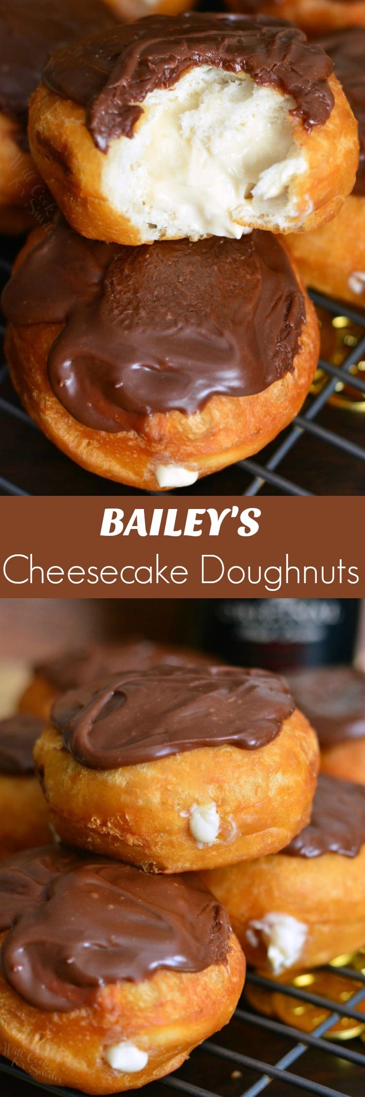 Bailey's Cheesecake Doughnuts on a cooling rack with a bite out of one of them collage 