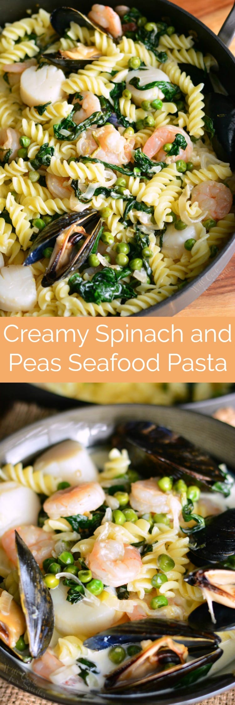 Creamy Spinach and Peas Seafood Pasta in a pan collage