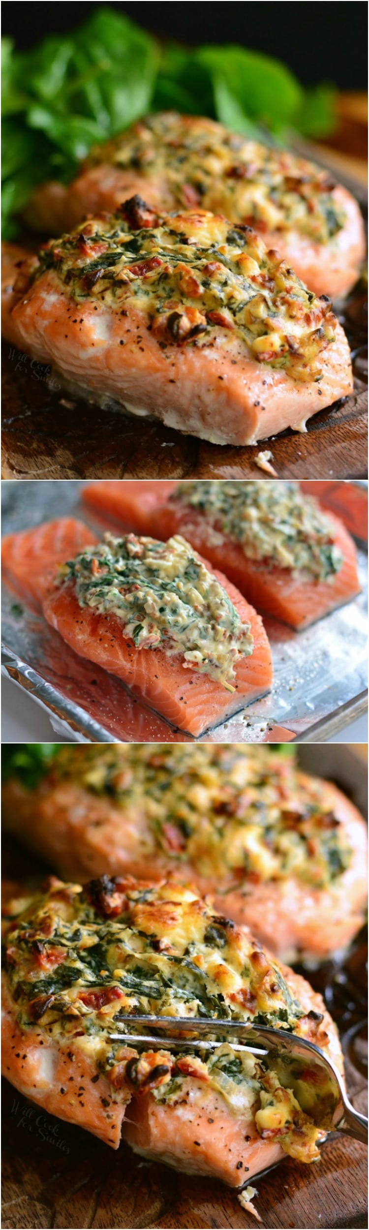 Creamy Spinach and Sun Dried Tomato Stuffed Salmon on a cutting board and on baking sheet collage 