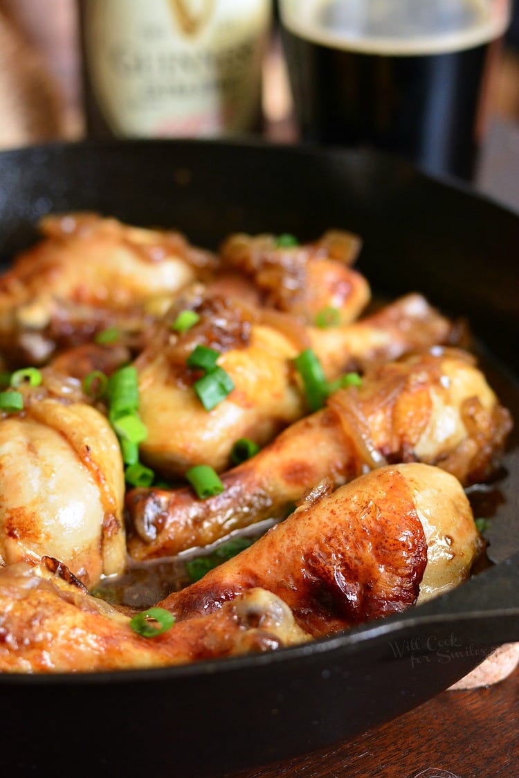 Honey Guinness Chicken Drumsticks in a pan 