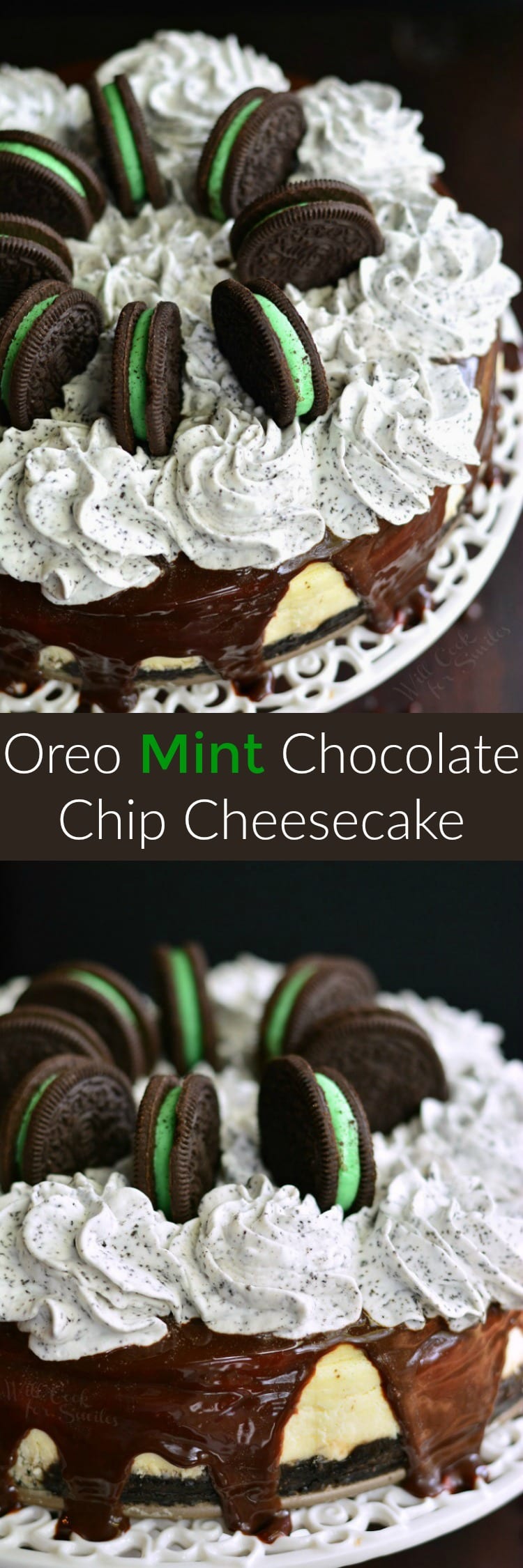 Oreo Mint Chocolate Chip Cheesecake on a cake pan collage 