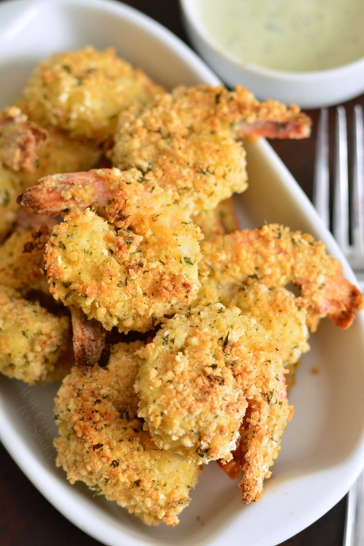 Oven Baked Crispy Parmesan Garlic Shrimp on a serving platter 