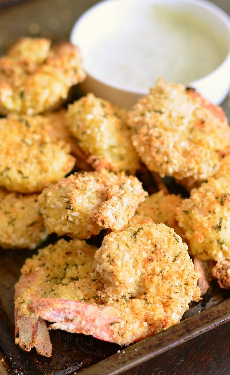 Oven Baked Crispy Parmesan Garlic Shrimp on a baking sheet 