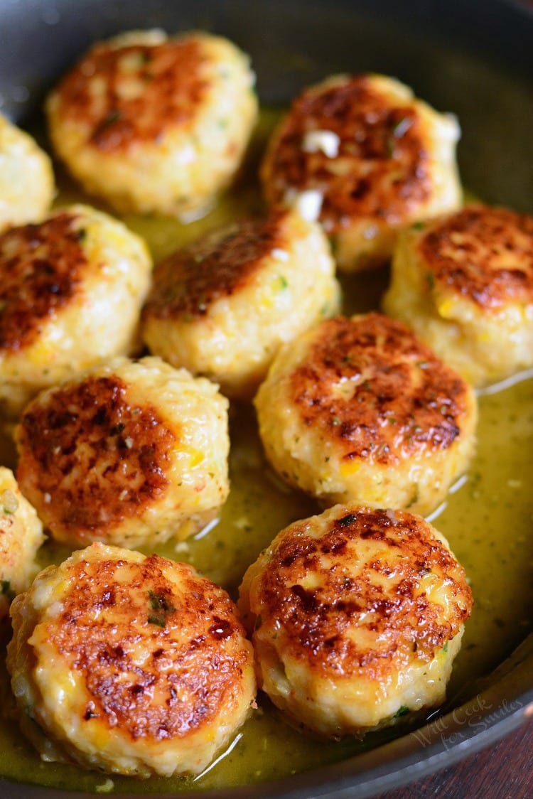 Shrimp Scampi Meatballs in a pan 