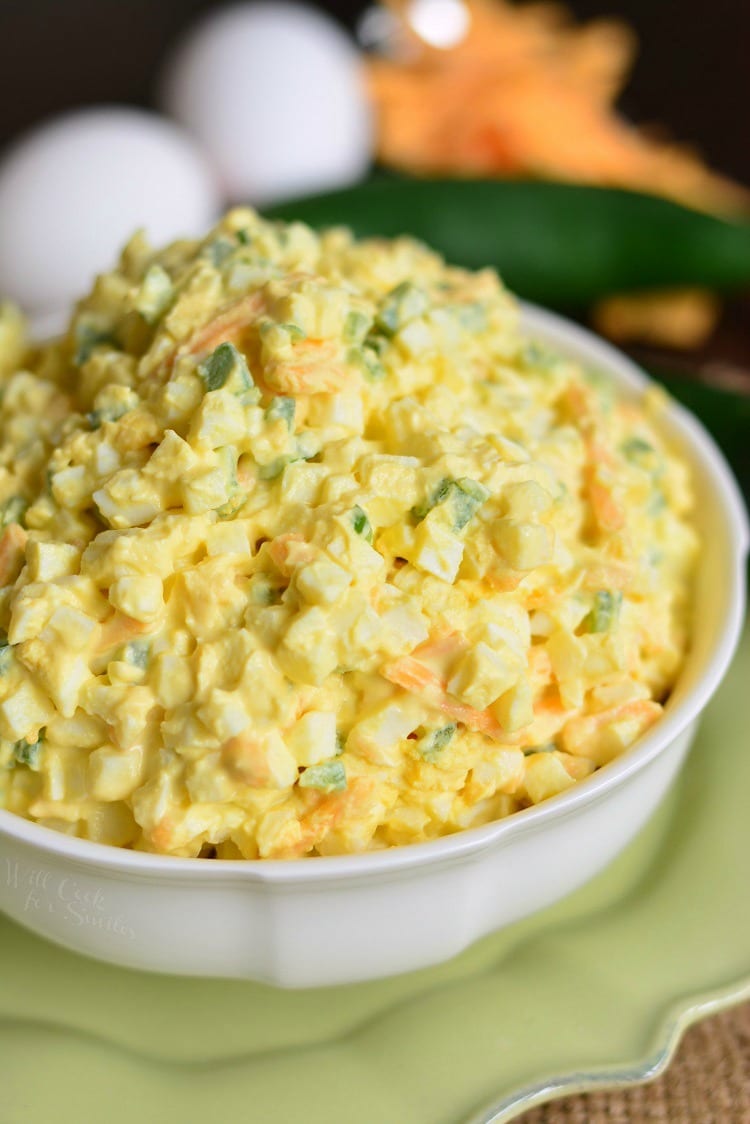 Jalapeno Cheddar Egg Salad in a bowl on a plate 