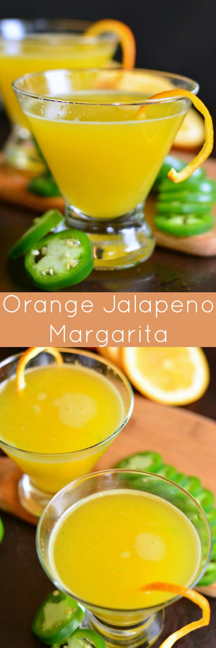 Orange Jalapeno Margarita in a glass with a orange garnish and jalapenos around it 