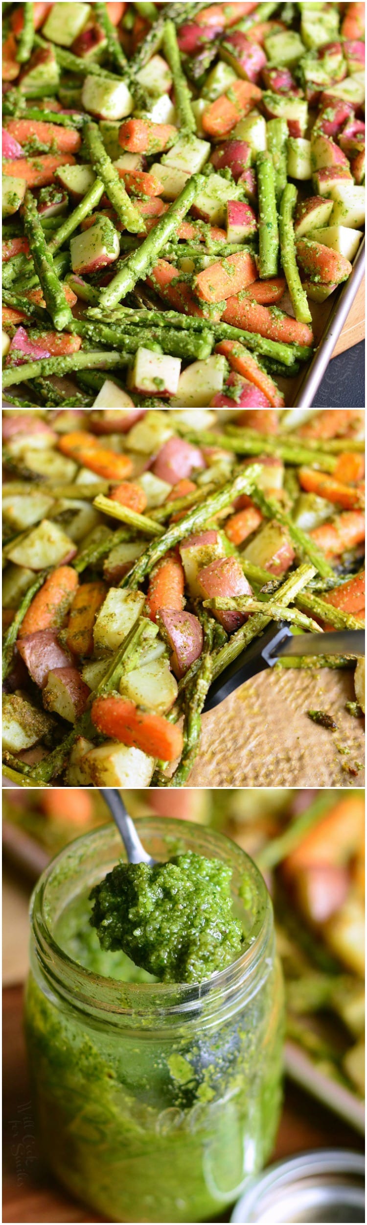 Pesto Roasted Potatoes Carrots and Asparagus collage 