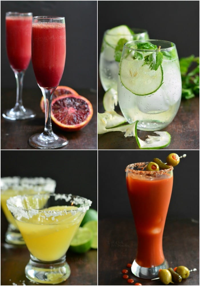 collage of images of Blood Orange Mimosa, Cucumber Mint Gin Cocktail, Spicy Bloody Mary, and Pineapple Margarita