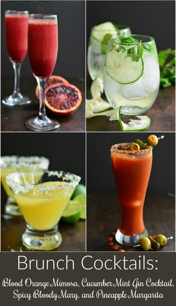 collage of four brunch cocktails: mimosa, gin spritzer, margarita, and bloody Mary