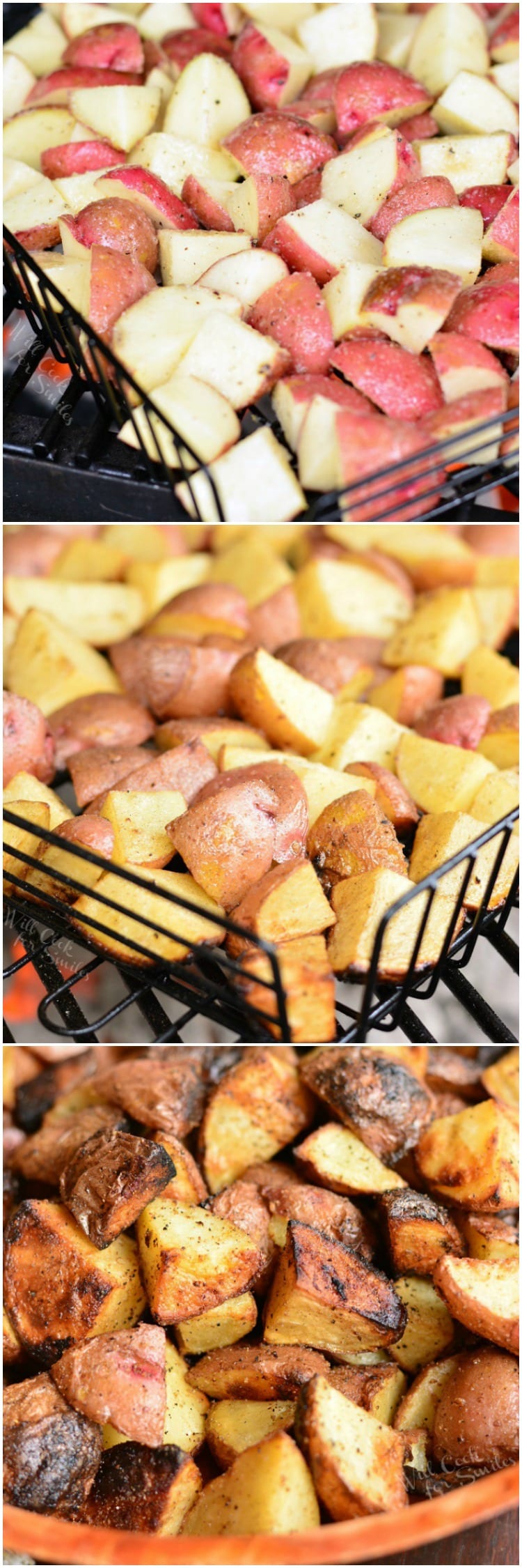 Roasted Garlic Potatoes in a grilling basket on the grill collage 