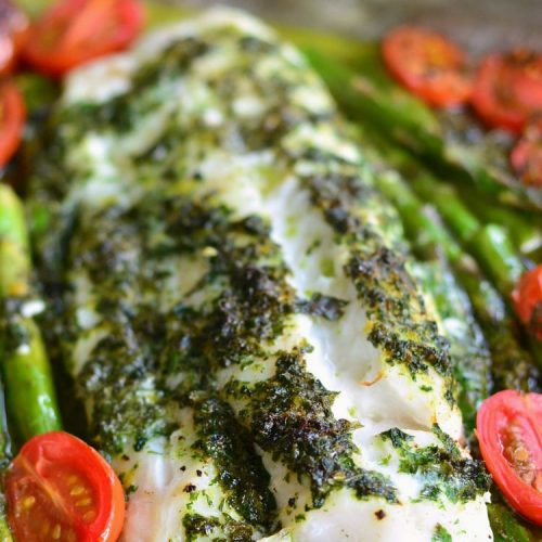 Lemon Herb Butter Baked Cod with Asparagus and Tomatoes Will Cook For