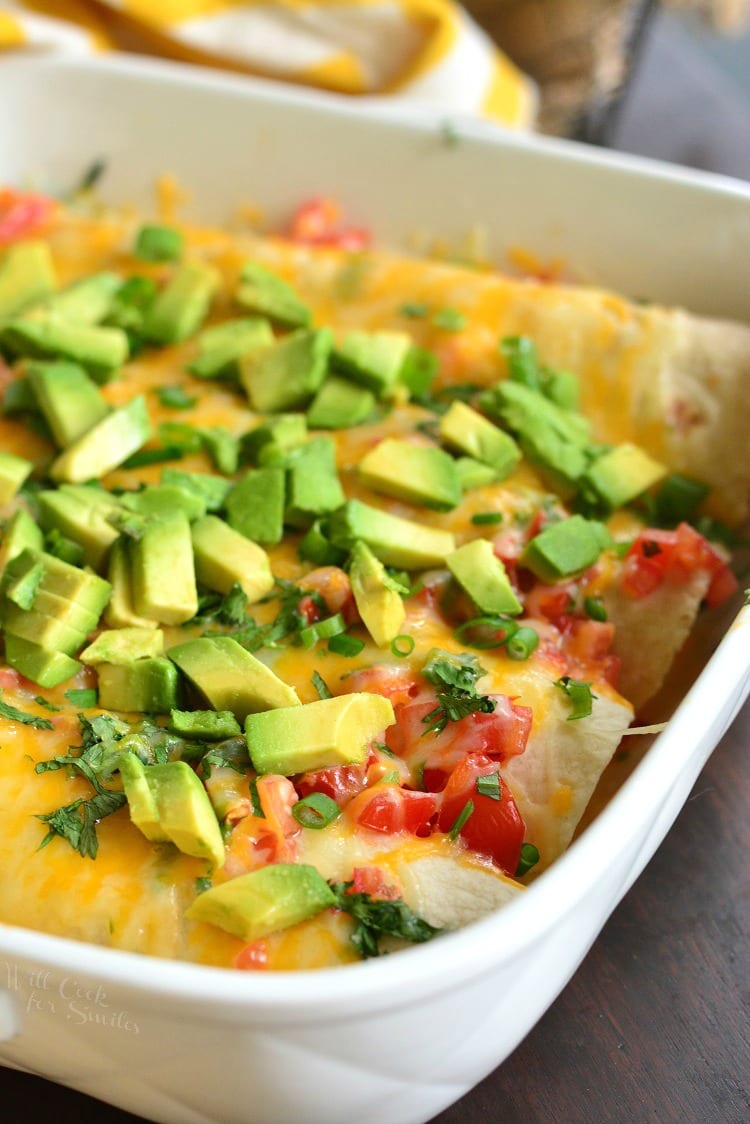 Western Omelet Breakfast Enchiladas in a casserole dish 