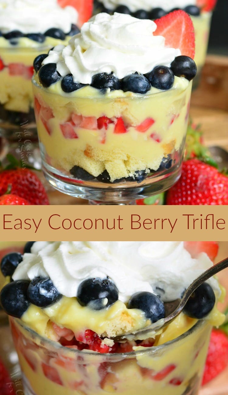 Easy Coconut Berry Trifle in a glass serving bowl with a spoon on a cutting board with a strawberries collage