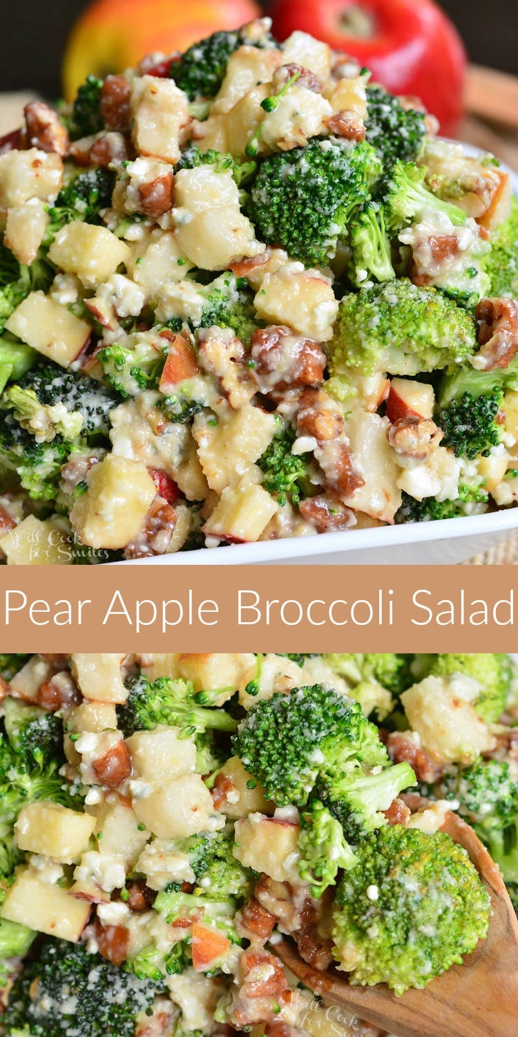 Pear Apple Broccoli Salad in a bowl collage 