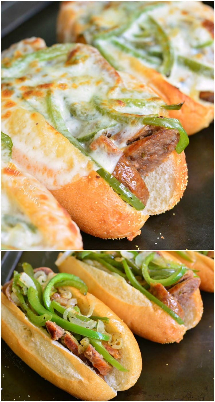 Philly Cheese "Steak" Sausage Hoagies on a baking dish collage