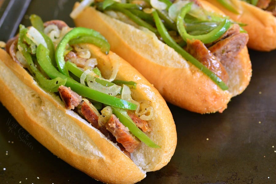 Philly Cheese "Steak" Sausage Hoagies on a baking dish 