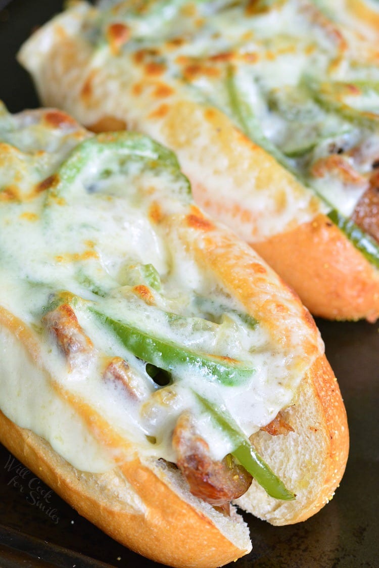 Philly Cheese "Steak" Sausage Hoagies on a baking dish 