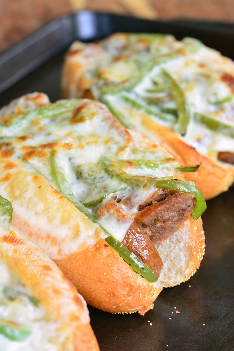 Philly Cheese "Steak" Sausage Hoagies on a baking dish 