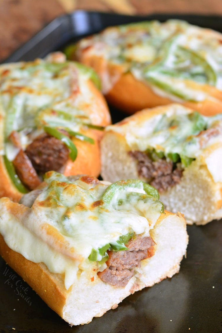 Philly Cheese "Steak" Sausage Hoagies on a baking sheet