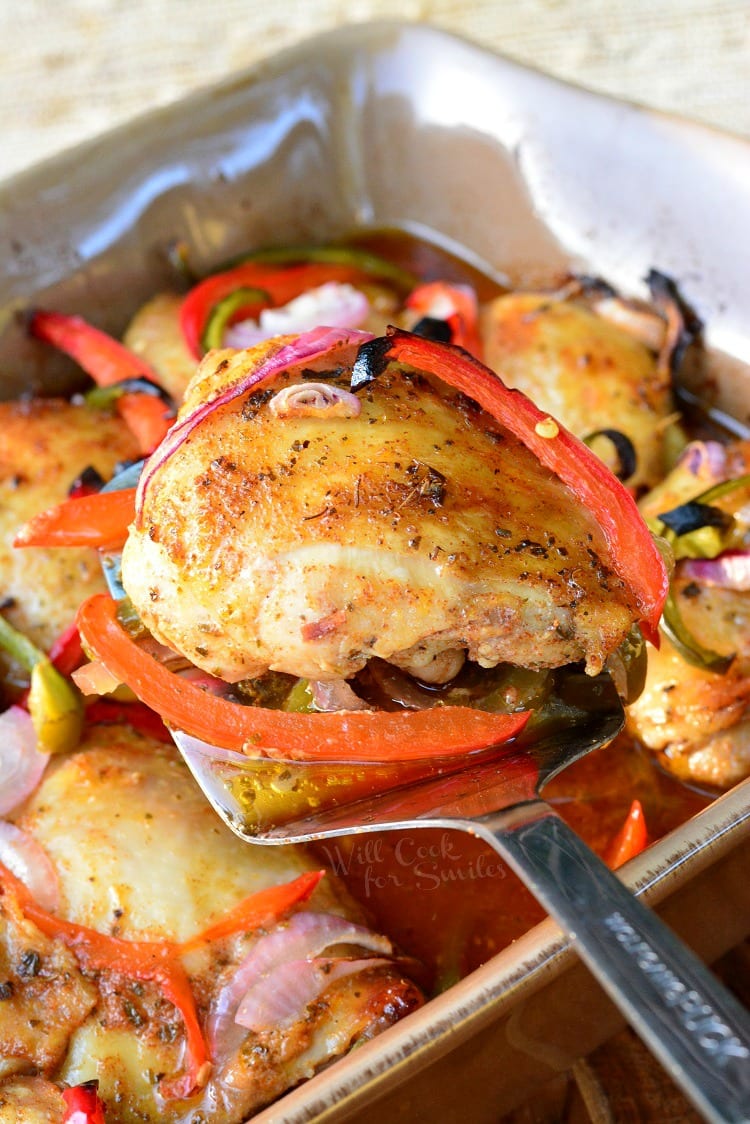 Southwest Chicken Marinade and Baked Chicken being scooped out of casserole dish 