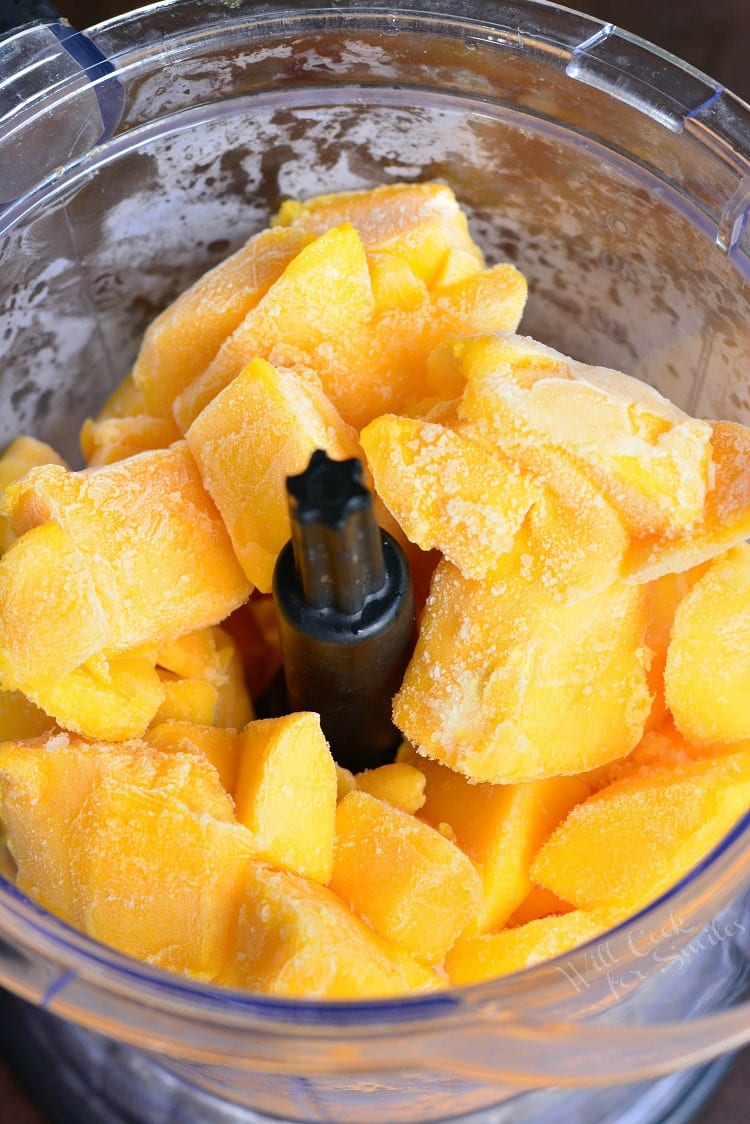 Frozen Mango in a food processor.