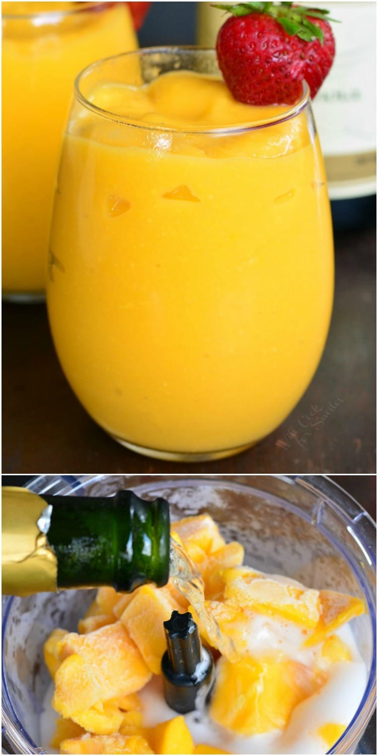 Collage of mango champagne slushies. 